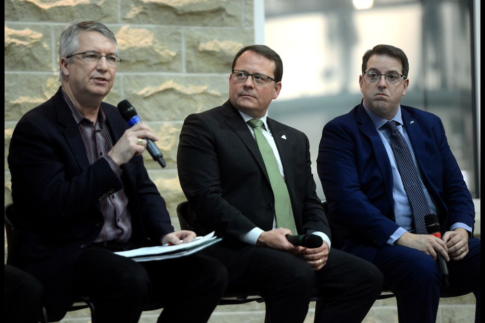 Guelph's three members of government, MP Lloyd Longfield, from left, MPP Mike Schreiner and Mayor Cam Guthrie, were represented at an environmental event at the U of G Tuesday. Tony Saxon/GuelphToday