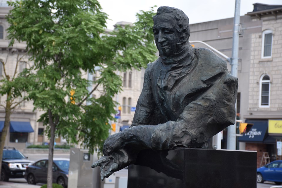 The bust of John Galt occupies a place on honour in Market Square. (Rob O'Flanagan/GuelphToday)