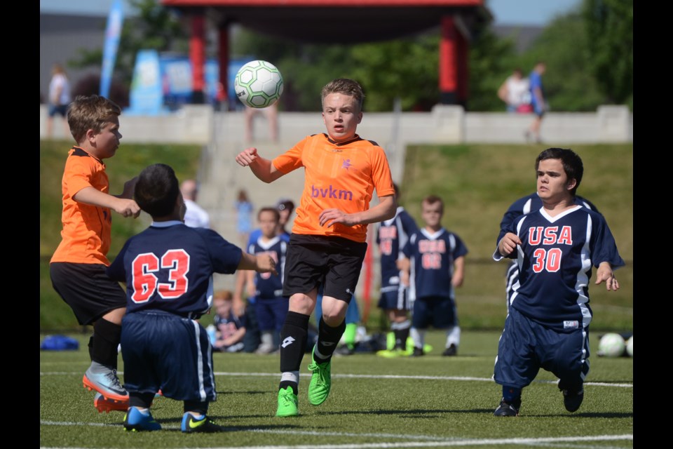 Team USA competes against the Netherlands in soccer Tuesday, Aug. 8, 2017, at the World Dwarf Games being held at the University of Guelph. The games continue all week. Tony Saxon/GuelphToday