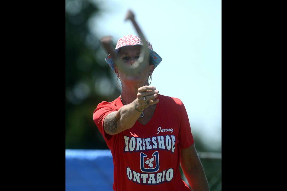 Guelph's Jenny Lawrence lines up a shot Wednesday, Aug. 9, 2017, during the Canadian Horseshoe Championships being held at the Guelph Legion. Tony Saxon/GuelphToday