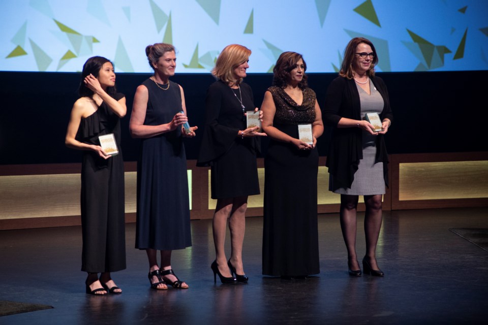 Five honourees seen onstage during the YWCA Women of Distinction ceremony held Thursday at the River Run Centre. Kenneth Armstrong/GuelphToday