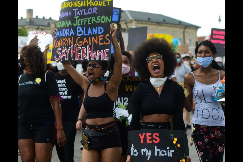 A woman yells at Saturday's Guelph Solidarity Protest to Support Black Lives Matter as the event marches down Wyndham Street. Tony Saxon/GuelphToday