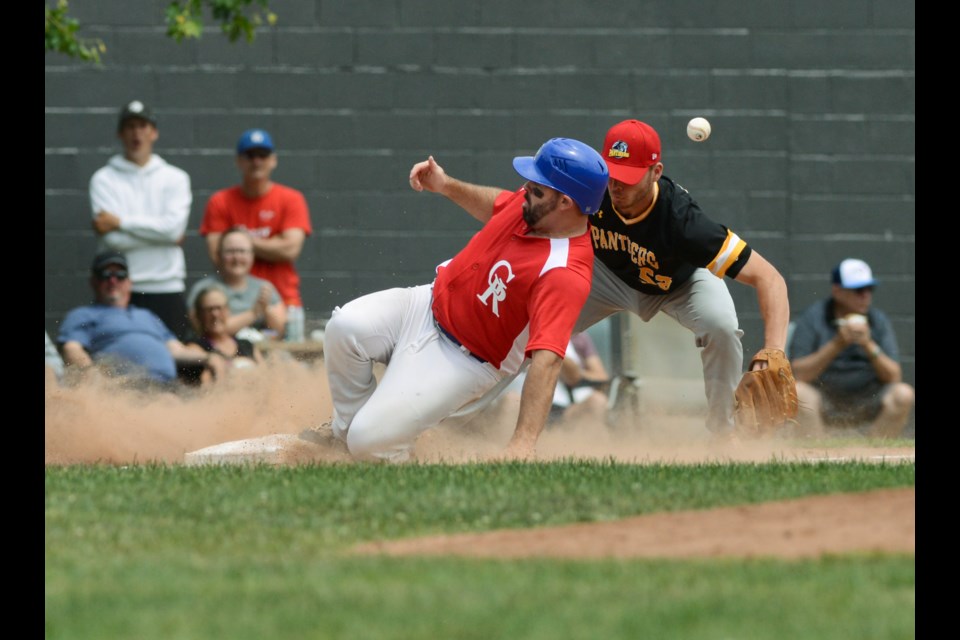 The Guelph Royals' Jeff McLeod slides safely into third base Saturday against the Kitchener Panthers at Hastings Stadium.
