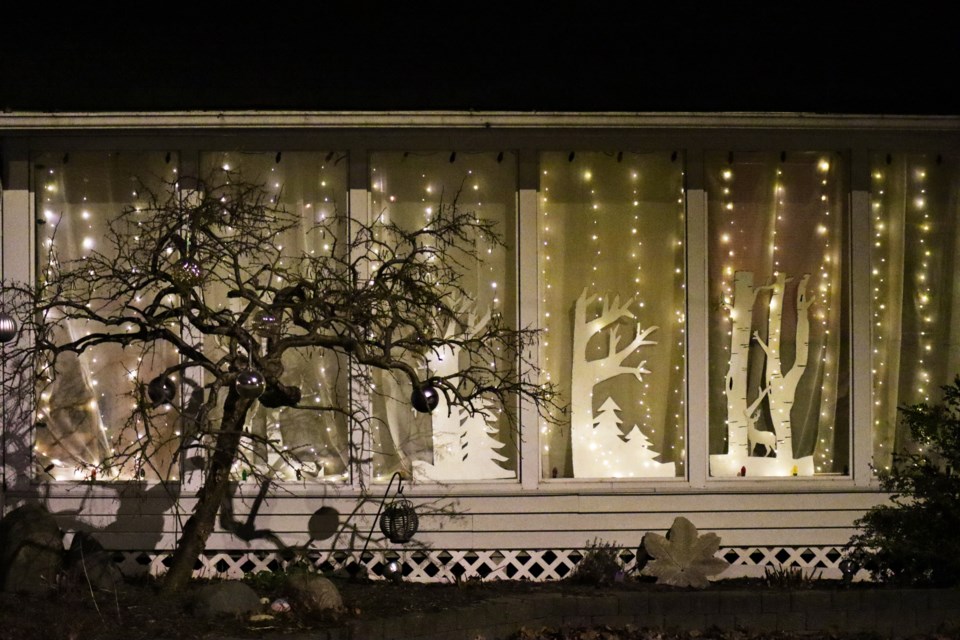 On Kirkland Street, homeowners use their entire window for a white forest display.
