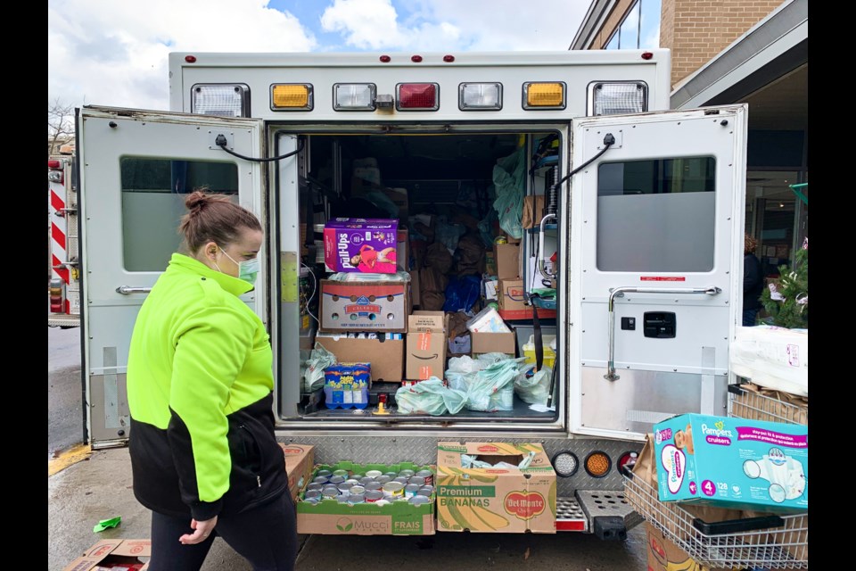 The 10th Annual Emergency Services Food Drive took place Saturday at Zehrs on Paisley Road. Deputy chief of the Wellington-Guelph paramedic services, Leanne Swantko, said "all of us realize how much more the food banks are being accessed, this year in particular, and everyone here wants to help out."