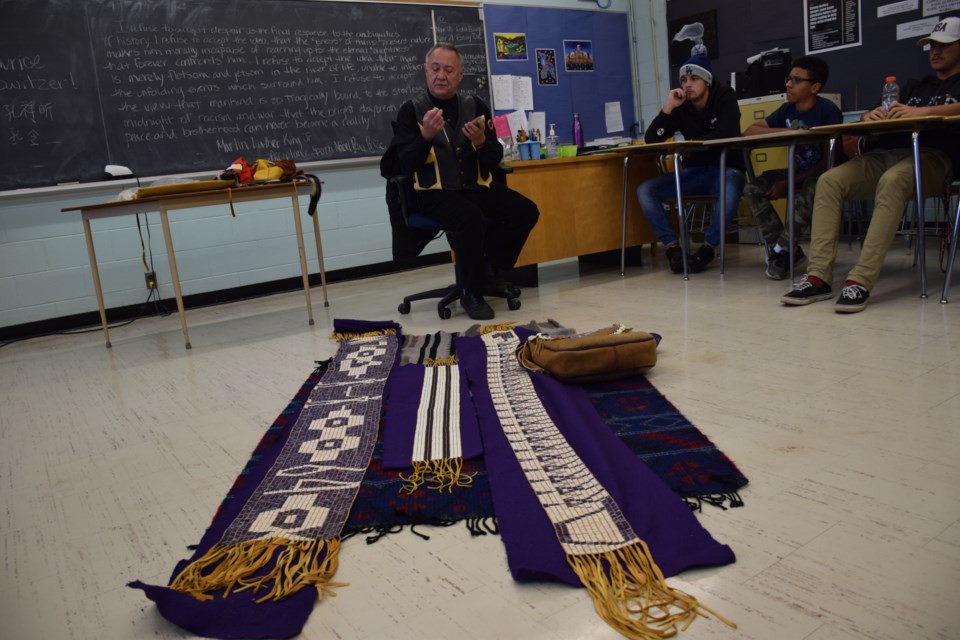 Ontario Human Rights Commissioner Maurice Switzer, a member of Alderville First Nation, brought his knowledge of treaty history, and a few wampum belts to a Guelph classroom on Wednesday. Rob O'Flanagan/GuelphToday 