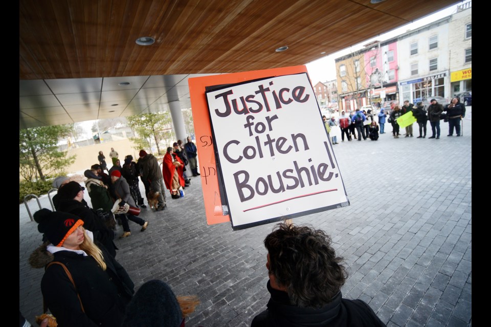 Roughly 150 people attended the Justice for Colten Boushie event Saturday, Feb. 17, 2018, in Market Square. Tony Saxon/GuelphToday