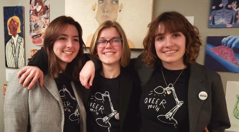 Queer Youth Art Members. From left to right, Charlotte McAren-Cayer, Carlin Serran, and Victoria Johnson. Photo credit Queer Youth Arts