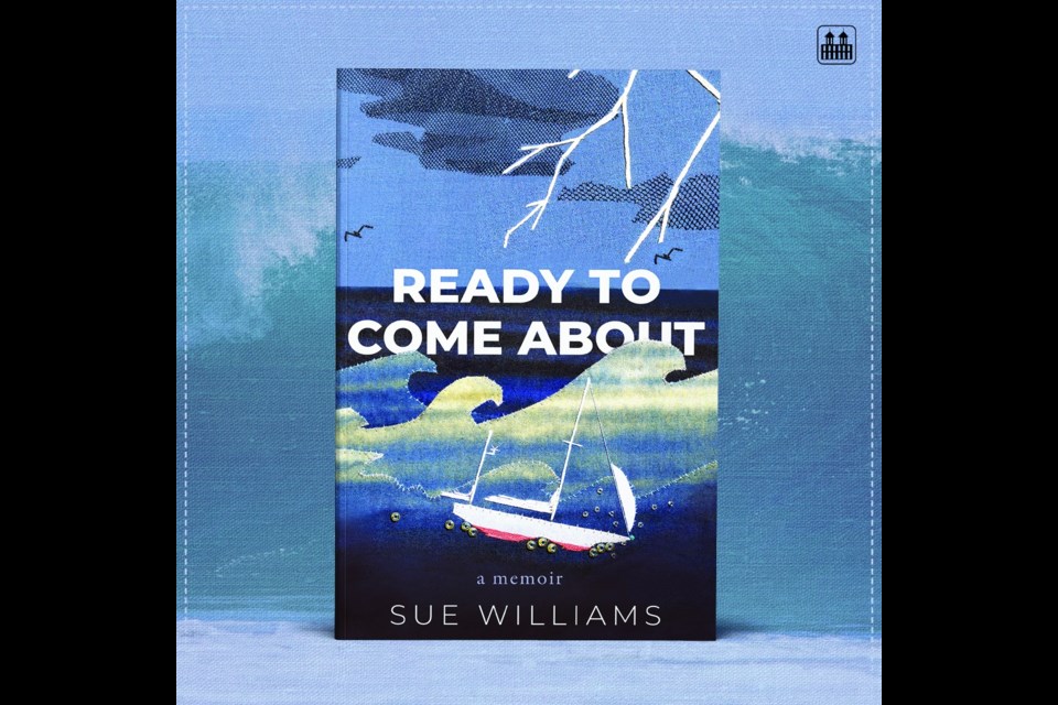 The cover features Sueâ__s applique of their sailboat Inia tossing on the Atlantic