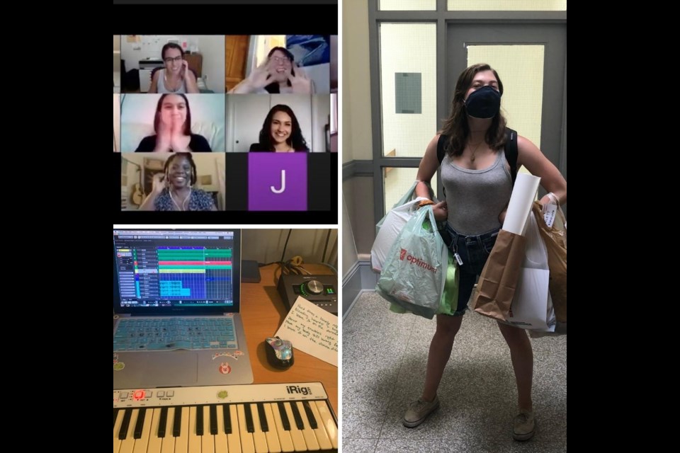 Clockwise, top left. Art Buddies meeting weekly on Zoom, Emily Beattie delivering art supplies to participants and in process music making by Joni Nehrita. Image provided by Art Not Shame
