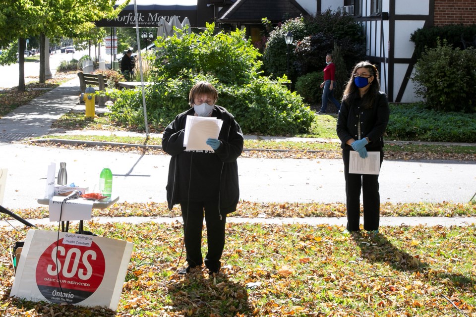 CUPE Local 57 president Linda Pellegrini speaks outside Norfolk Manor on Thursday as part of the Ontario Health Coalition's day of action. Kenneth Armstrong/GuelphToday