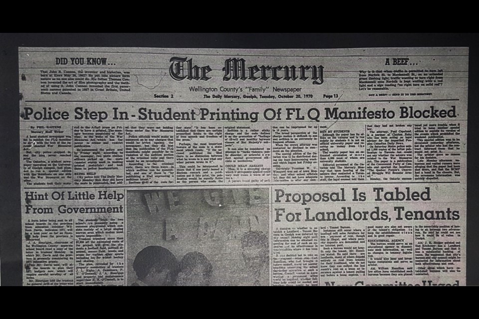 The front page of the Guelph Mercury, Oct. 20, 1970.