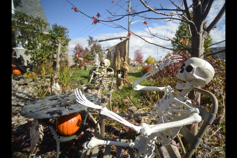 Skeletons hang out near Ken Danby Public School. Tony Saxon/GuelphToday