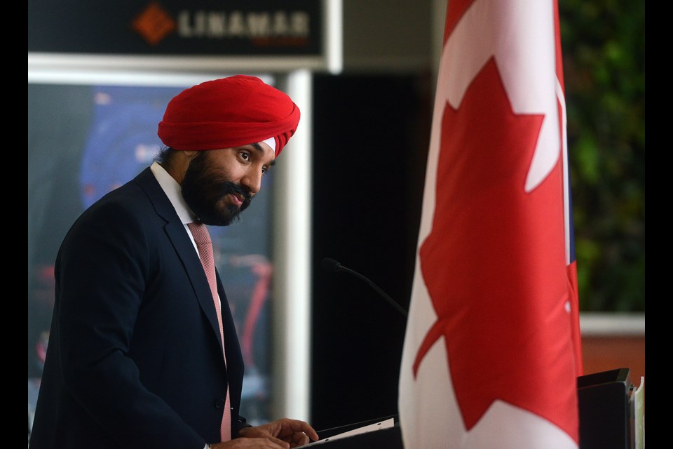 Navdeep Bains, Federal Minister of Innovation, Science and Economic Development, speaks at Linamar's Frank Hasenfratz Centre For Excellence in Manufacturing Monday. Tony Saxon/GuelphToday
