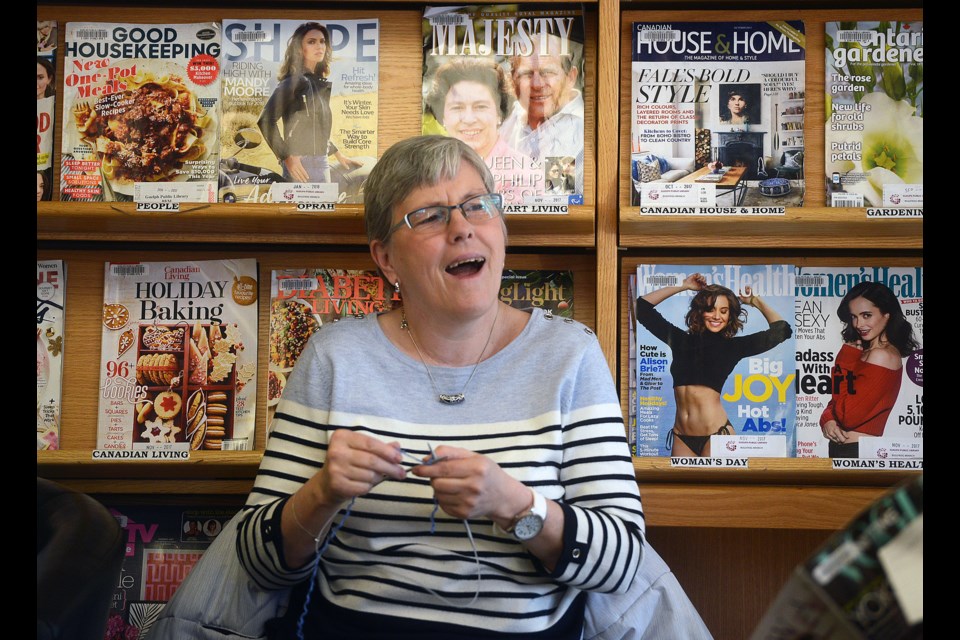 Having a laugh at the Knit N' Lit weekly get together at the Guelph Public Library's Bullfrog Mall branch. The group has been getting together on Wednesday mornings for over six years. Tony Saxon/GuelphToday