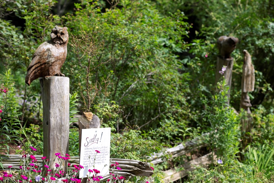A sign was placed at the base of a fence post by homeowner Jack Barr after a wood elf sculpture was sawed off a few weeks ago. Kenneth Armstrong/GuelphToday