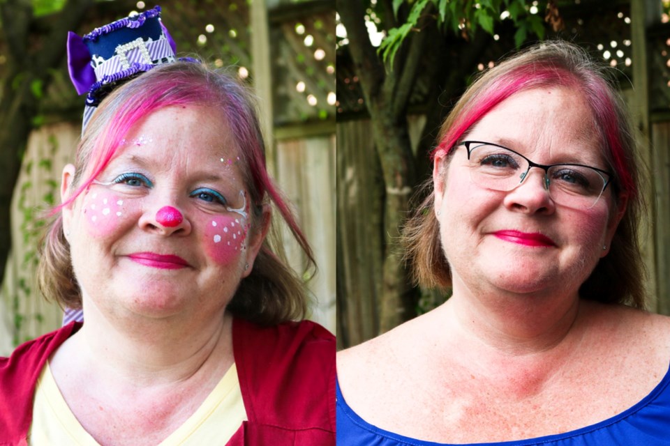 Side by side photos of Jenifer Pettigrew as Cleo the Clown and herself.