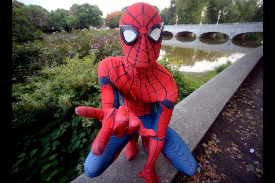 Brandon Bott is Guelph's own Spiderman, showing up in random public places to the delight of young and old. Tony Saxon/GuelphToday