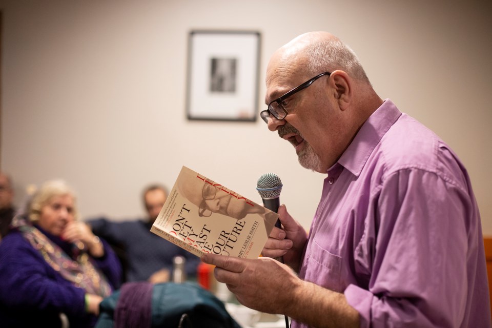 John Smith reads from the memoir of his father, Harry Leslie Smith, a humanitarian and anti-poverty activist known affectionately as 'the world's oldest rebel'. John was a special guest at this week's Breezy Breakfast held most Thursdays at Breezy Corners. Kenneth Armstrong/GuelphToday