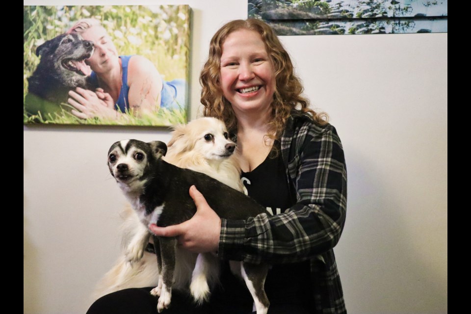 Laura Wombwell posing with her two rescue dogs, Kipper, left, and Brie, centre, in her photography studio.