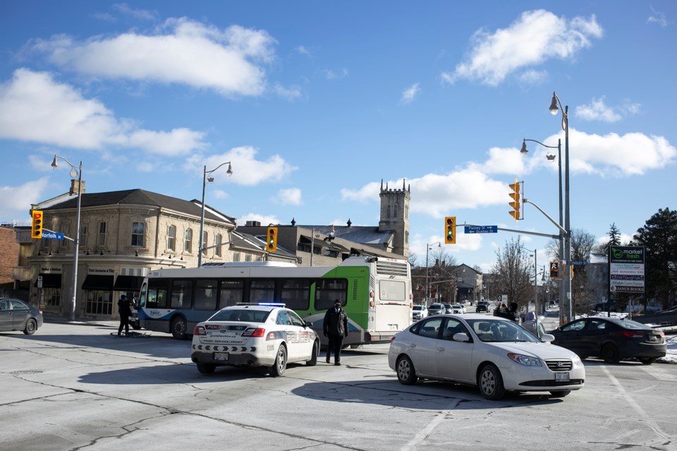 Guelph Police says no one was injured in a collision early Saturday afternoon involving a bus and car. Kenneth Armstrong/GuelphToday
