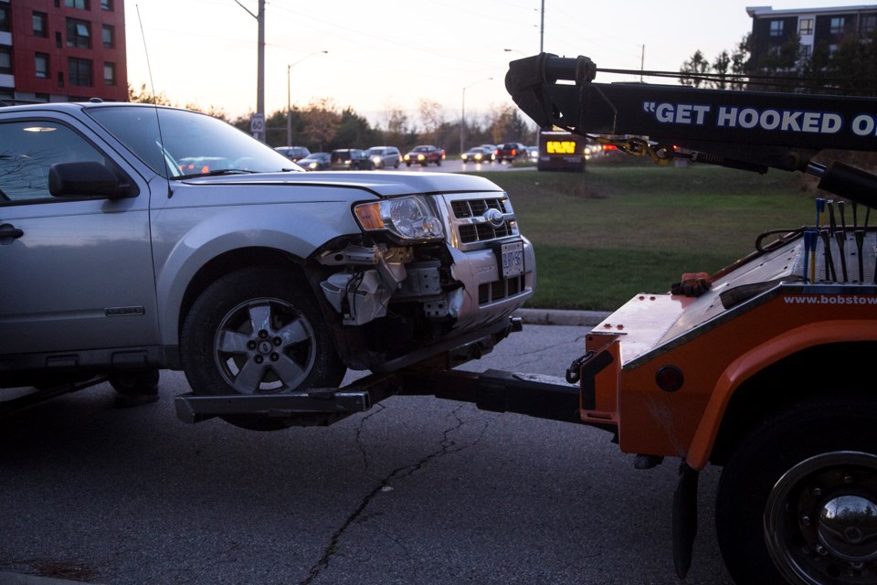 Damage to the front of an SUV seen after a collision at the intersection of Gordon and Arkell late Wednesday afternoon. Kenneth Armstrong/GuelphToday
