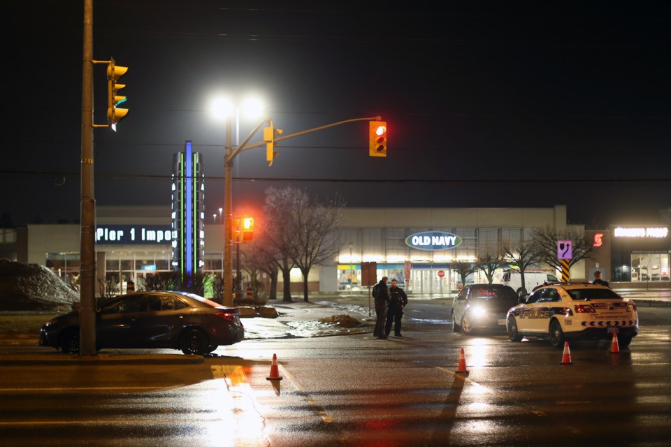 Guelph Police Service closed Stone Road West to investigate the scene of a collision Thursday evening near Stone Road Mall. Kenneth Armstrong/GuelphToday