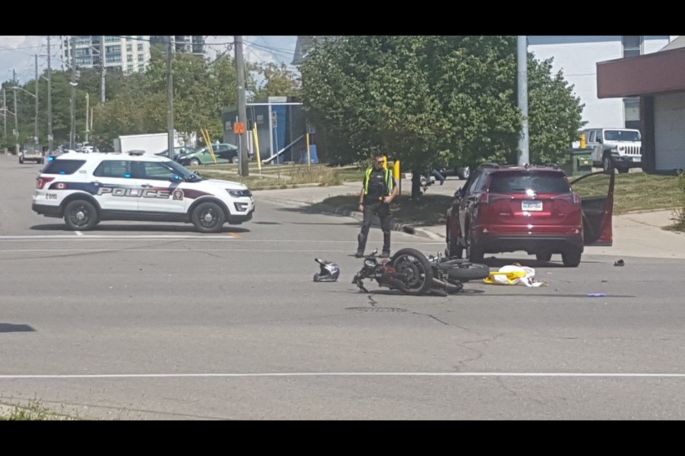 Police are at the scene of a serious crash involving a motorcycle and a SUV. Tony Saxon/GuelphToday