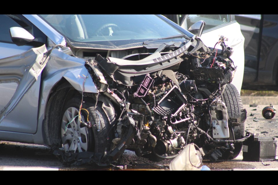 The front end of a car sustained extensive damage after a multi-vehicle crash near Victoria and Clair Road Saturday.