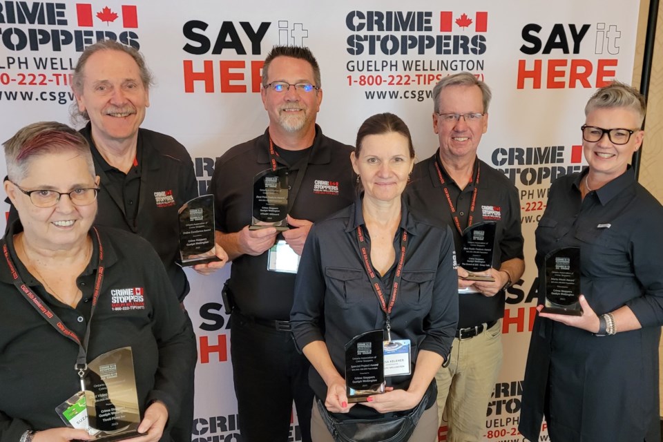 CSGW Board members (from left) Suzanne Gilbert and John Svensson, Board Chair Deryck West, Coordinator Leesa Keleher, Board member Lowell Butts and Program Coordinator Sarah Bowers-Peter hold the six awards won at the Ontario Association of Crime Stoppers conference.
Photo supplied