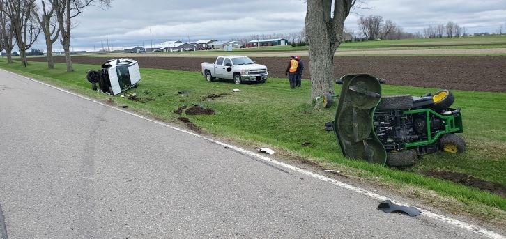 Police and EMS responded to a crash involving an SUV and riding lawnmower on Friday morning south of Elora.