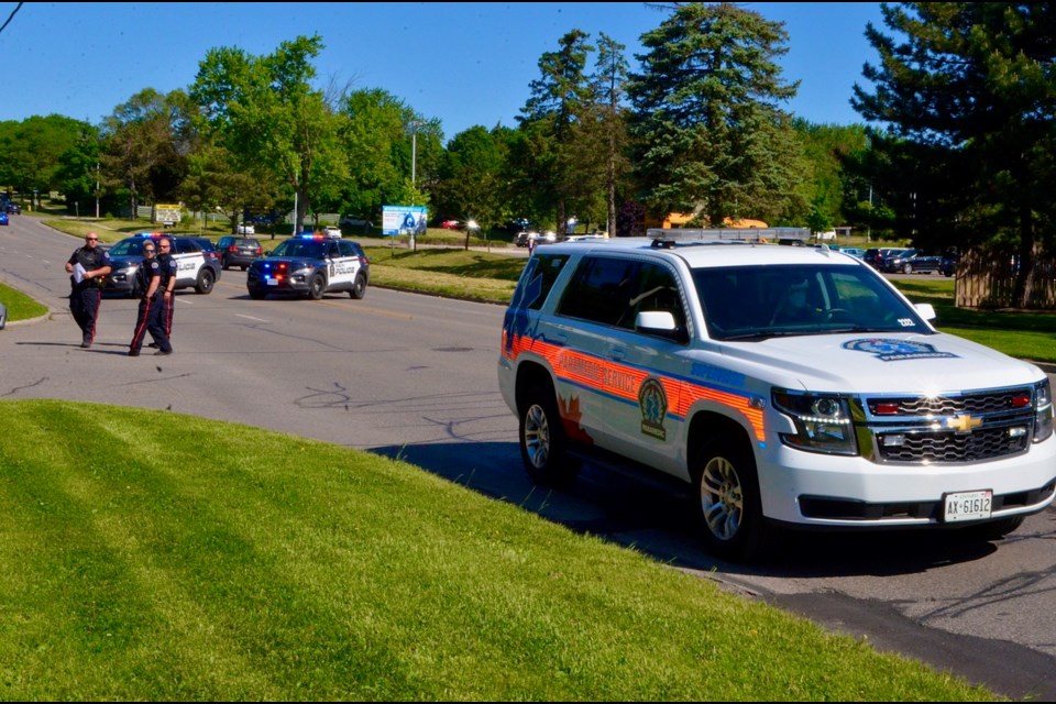 Emergency services remain on the scene of a serious pedestrian/vehicle collision Friday morning on Victoria Road.