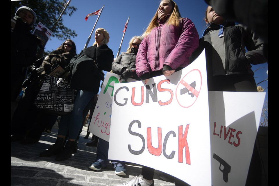 Roughly 80 people gathered in Market Square Saturday for the Guelph March For Our Lives rally in support of the shooting victims of Parkland, Fla., Saturday, March 24, 2018, in Market Square. Tony Saxon/GuelphToday 