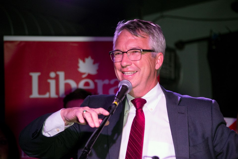 Lloyd Longfield speaks to a crowd of supporters during a victory party held Monday evening at eBar. Longfield was re-elected and will once again represent Guelph in parliament as the Liberal member of parliament. Kenneth Armstrong/GuelphToday