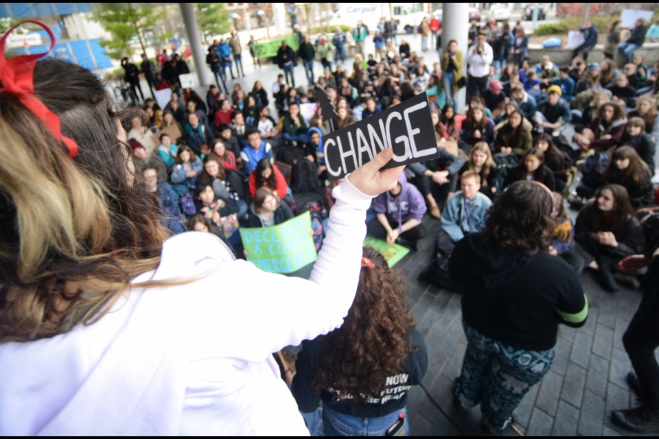 Roughly 200 students attended a sit-in at Market Square Friday in support of climate action by city hall. Tony Saxon/GuelphToday