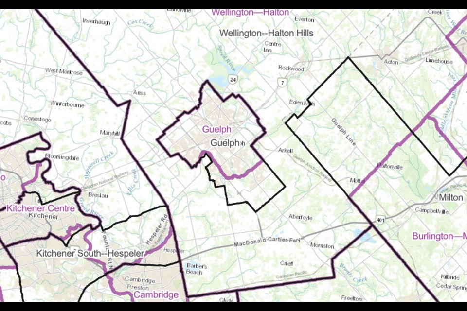 An image of the current, and proposed riding boundary for Guelph and surrounding ridings. The current boundary is in black. The proposed redistribution is encompassed in purple.