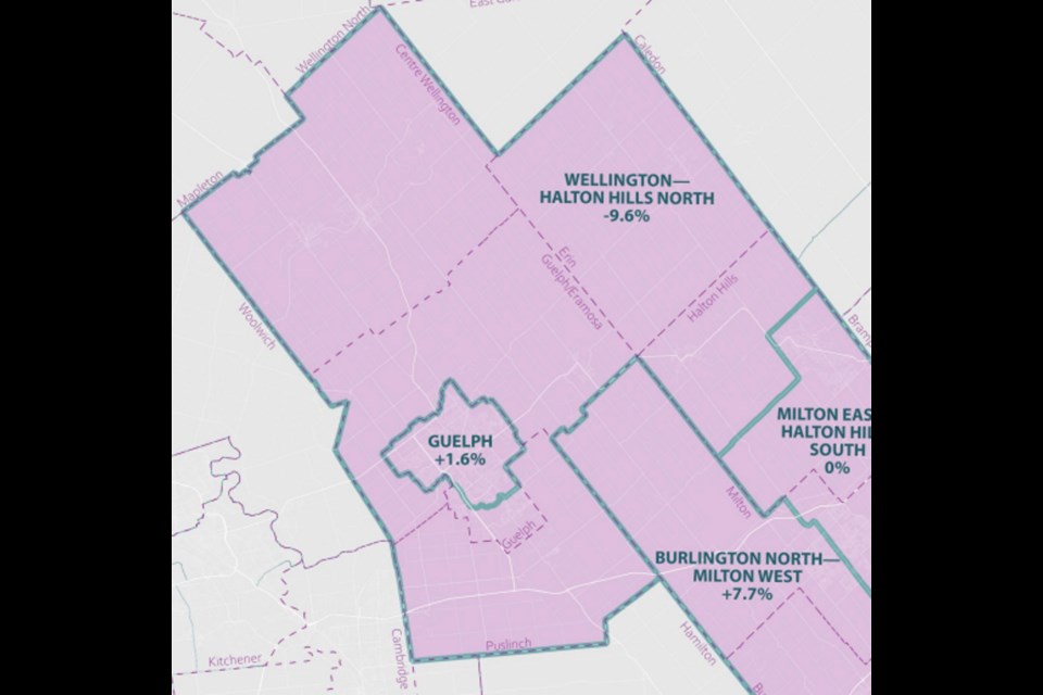 An image of the revised riding redistribution map of Guelph and surrounding ridings, as of February 2023.