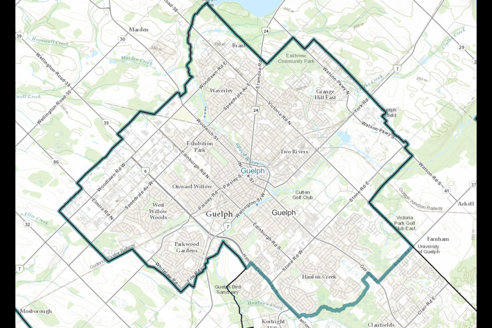 The redistributed Guelph riding, marked in blue here, will not include south Guelph.