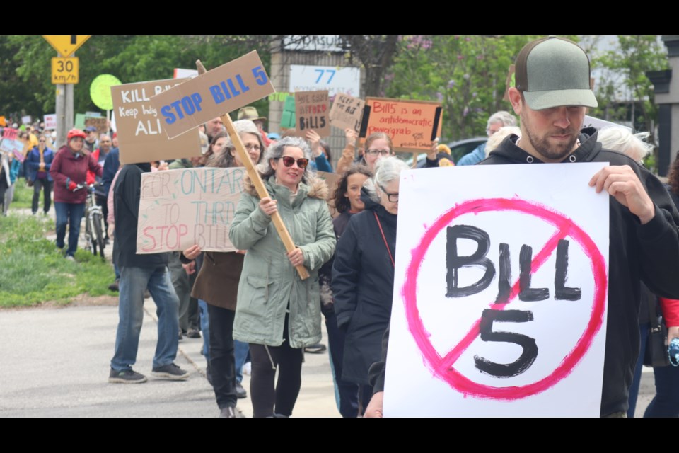 About 200 people showed up to rally and march in Guelph Saturday, to combat the Ford government's controversial Bill 5.