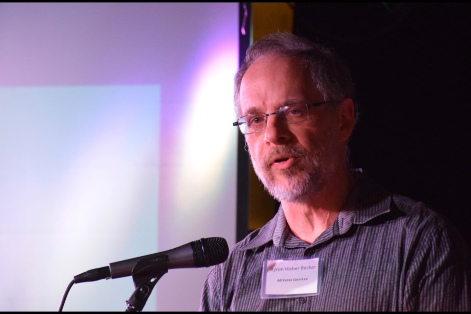 Byron Weber Becker presented the Guelph model of local proportional representation during a packed meeting Thursday night. Rob O'Flanagan/GuelphToday