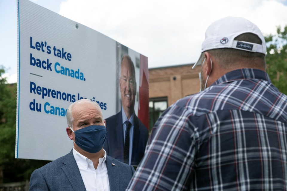 Conservative leadership hopeful Erin O'Toole speaks with a local party supporter during a meet and greet held Friday at Guelph Medical Imaging on Cardigan Street. Kenneth Armstrong/GuelphToday
