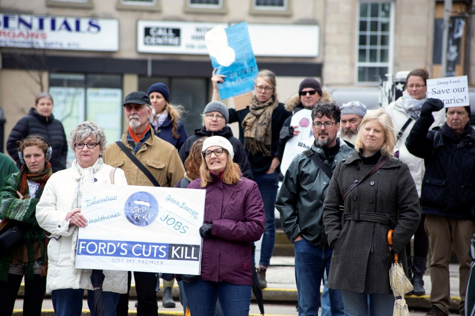 The May 1 General Strike Against Doug Ford is a province-wide event that seeks to raise awareness about cuts to services in Ontario. An event was held in Guelph Wednesday at St. George's Square. Kenneth Armstrong/GuelphToday