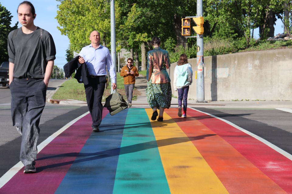 The rainbow crosswalk on Norfolk Street. 