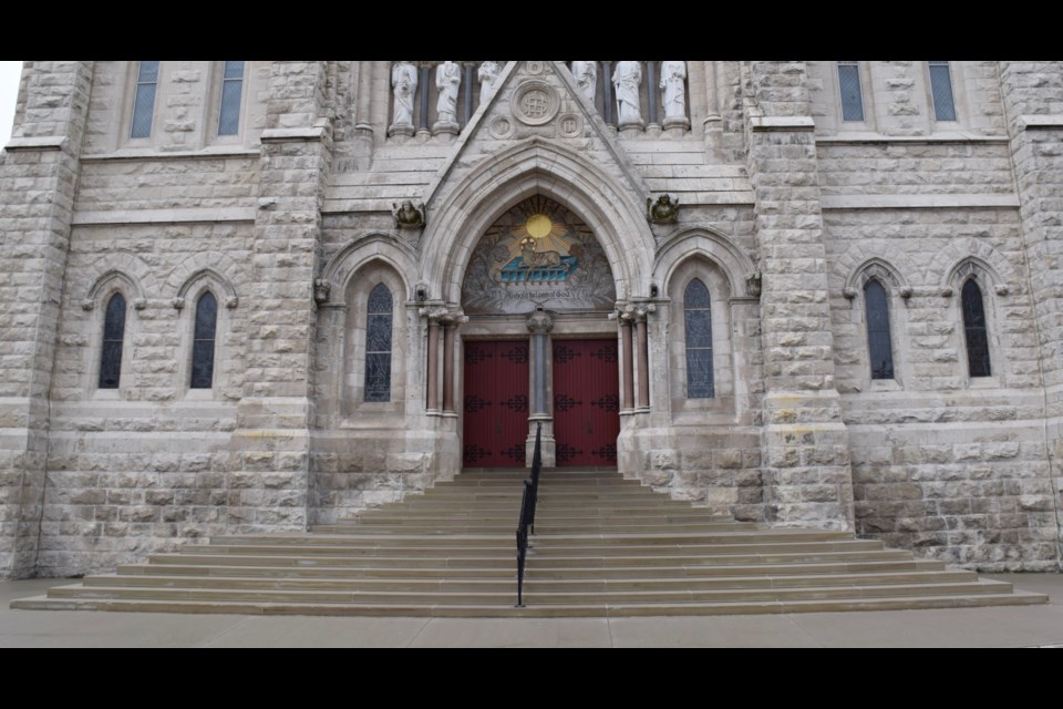 One of the front doors of Basilica of Our Lady sustained minor damage during a break in Sunday morning. (Rob O'Flanagan/GuelphToday)