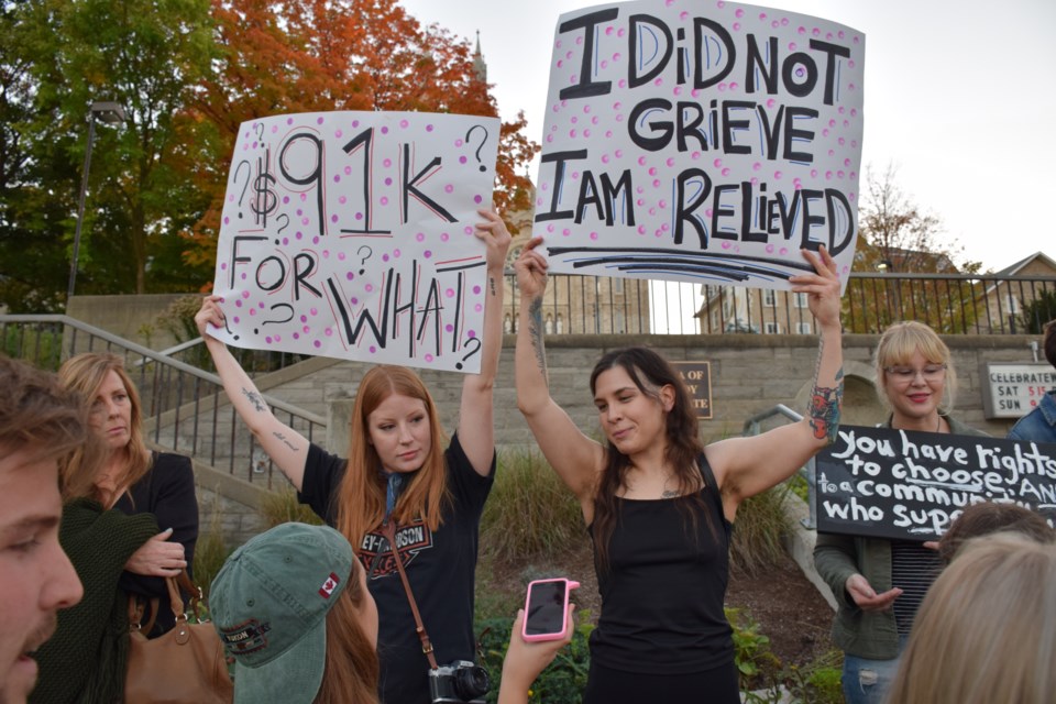 Carly Hunt, left, and Sara Bortolon-Vettor organized a rally condemning a memorial garden funded by a local  anti-abortion group. Rob O'Flanagan/GuelphToday