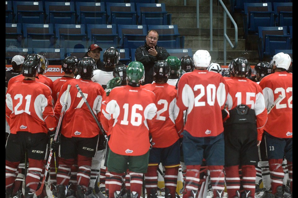 Guelph Storm general manager Mike Kelly addresses the players following scrimmage Thursday, Sept. 1, 2016. Tony Saxon/GuelphToday