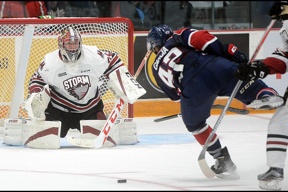 Former Guelph Storm defenceman C.J. Garcia's stick implodes as he tries to shoot on Storm goaltender Liam Herbst during Guelph's 5-1 win at the Sleeman Centre Friday, Sept. 23, 2016. Tony Saxon/GuelphToday