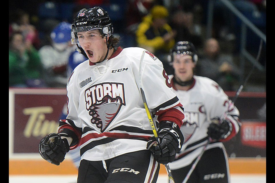 The Guelph Storm's Jake Bricknell celebrates the second of his two goals against the Mississauga Steelheads during Guelph's 7-3 win at the Sleeman Centre Friday, Nov. 18, 2016. Tony Saxon/GuelphToday