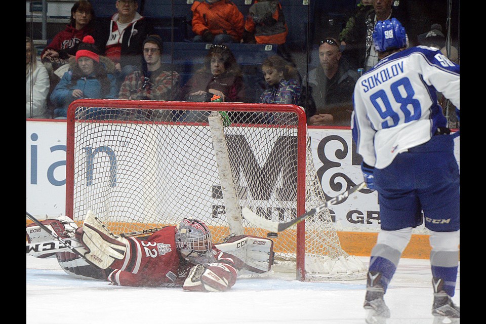 Dmitry Sokolov of  the Sudbury Wolves beats Guelph Storm netminder Anthony Popovich with a wrist shot Sunday, Jan. 8, 2017, at the Sleeman Centre. Tony Saxon/GuelphToday