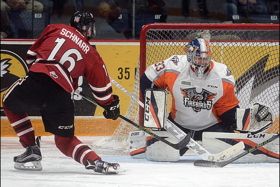 The Guelph Storm's Nate Schnarr is robbed in close by Flint Firebirds goaltender Garrett Forrest during third period action at the Sleeman Centre Friday, Feb. 4, 2017. Tony Saxon/GuelphToday